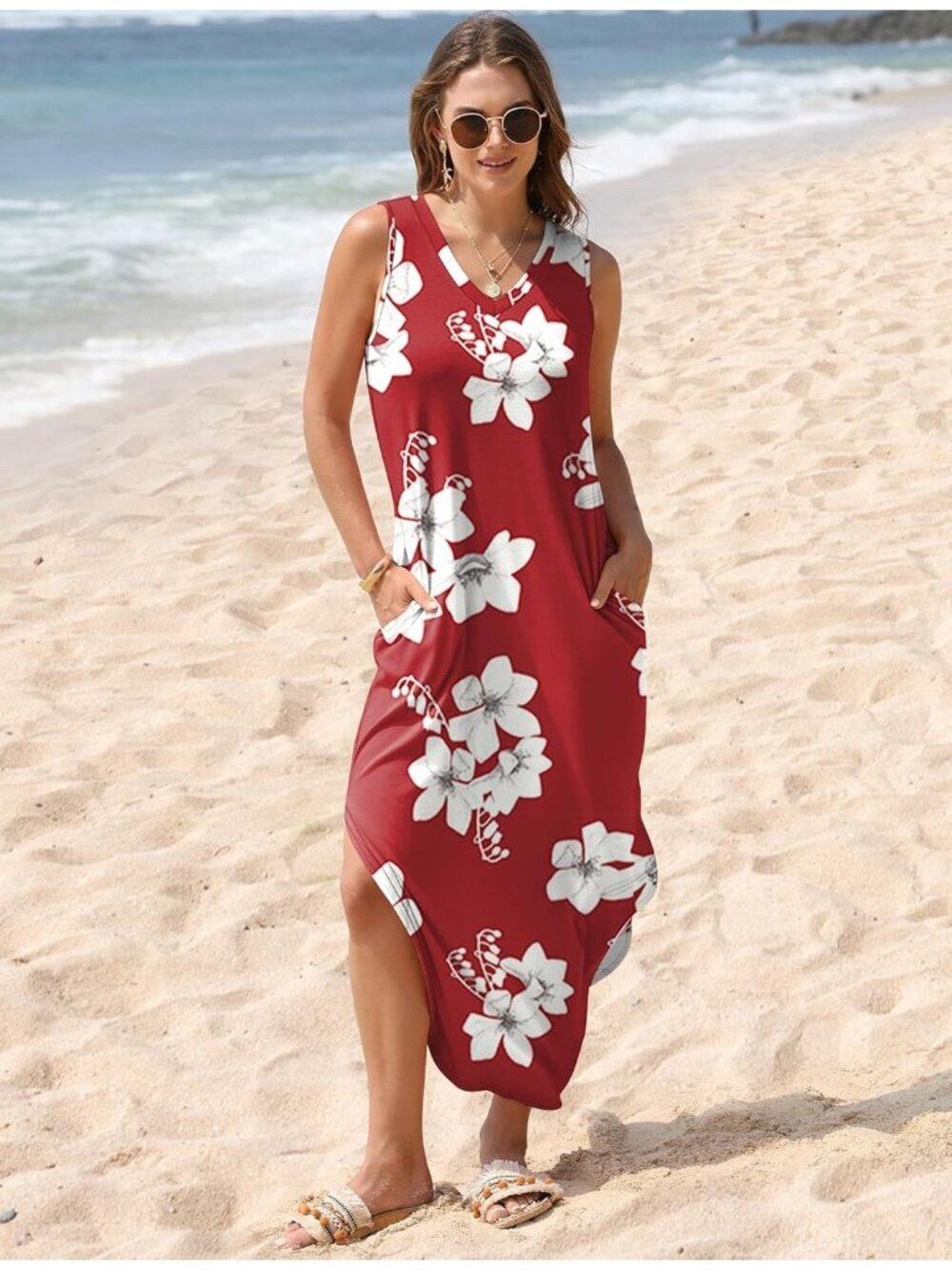 〽️Women's Floral Red Sleeveless Ankle Length Pull On Imported Maxi Dresses